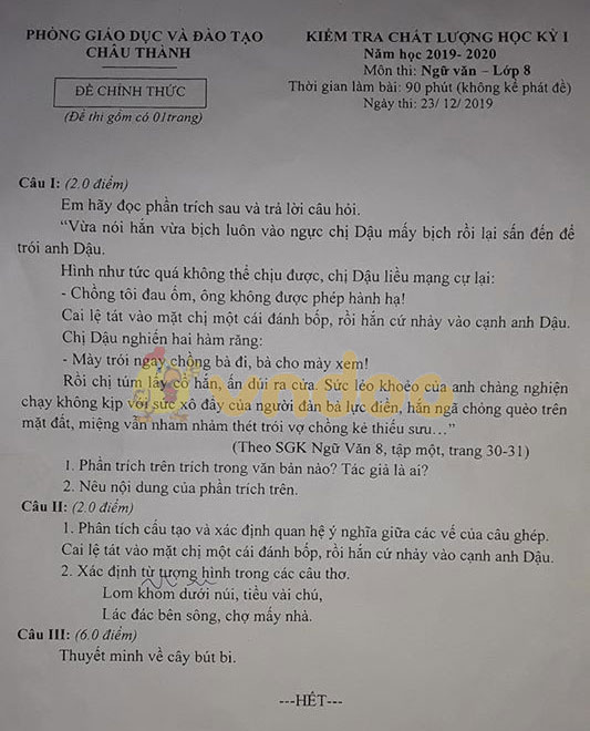 Đề thi học kì 1 lớp 8 môn Ngữ văn Phòng GD&ĐT Châu Thành năm học 2019 - 2020