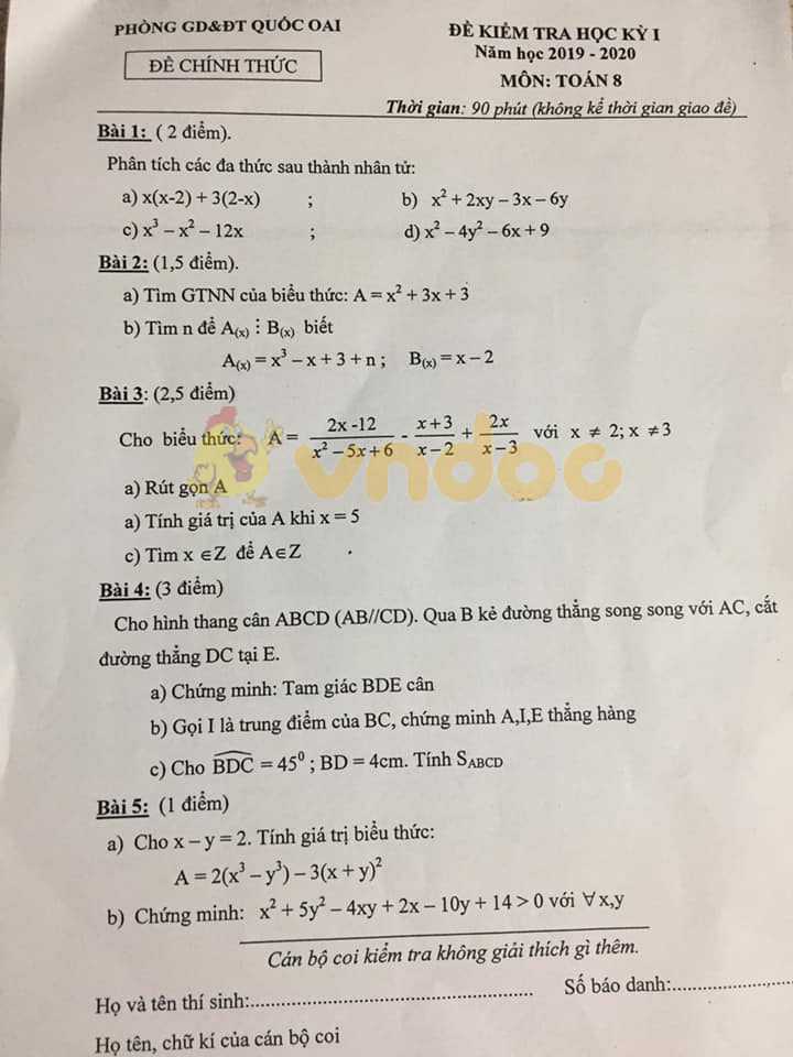 Đề thi học kì 1 lớp 8 môn Toán Phòng GD&ĐT Quốc Oai năm học 2019 - 2020
