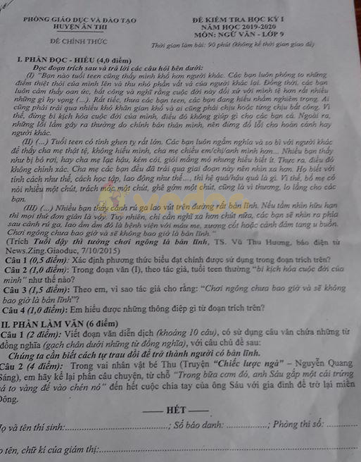 Đề thi học kì 1 lớp 9 môn Ngữ văn Phòng GD&ĐT huyện Ân Thi năm học 2019 - 2020