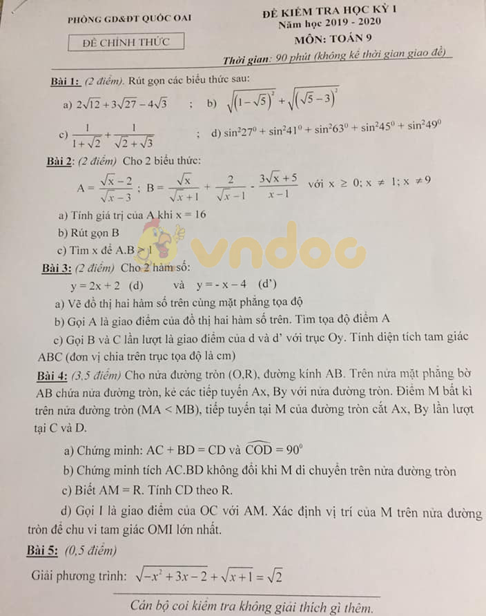 Đề thi học kì 1 lớp 9 môn Toán Phòng GD&ĐT Quốc Oai năm học 2019 - 2020