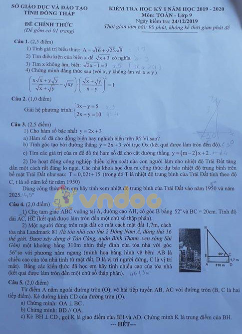 Đề thi học kì 1 lớp 9 môn Toán Sở GD&ĐT tỉnh Đồng Tháp năm học 2019 - 2020