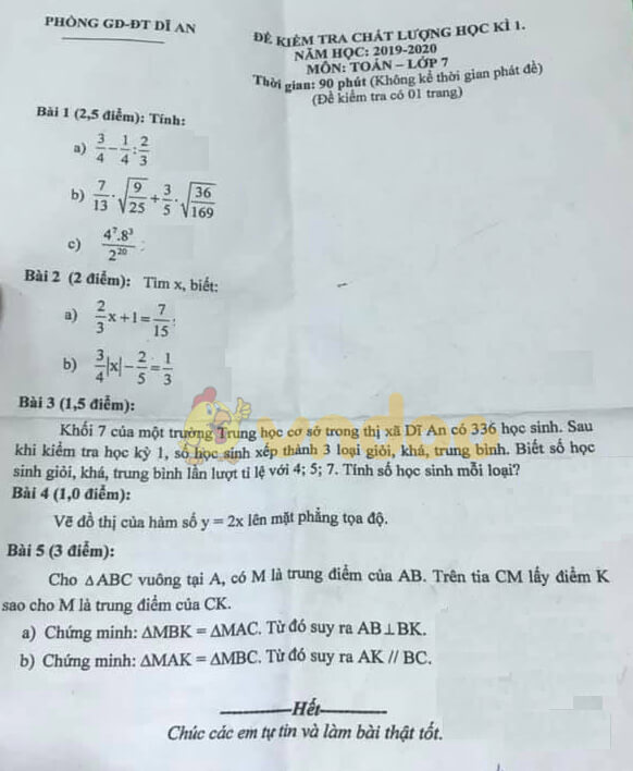 Đề kiểm tra học kì 1 môn Toán 7 năm 2019