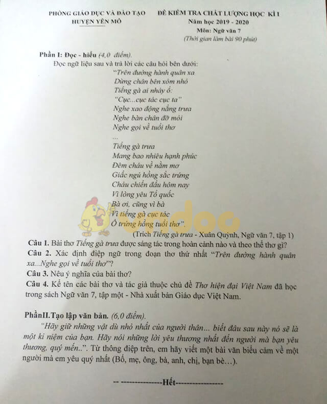 Đề kiểm tra học kì 1 môn Văn lớp 7 năm 2019