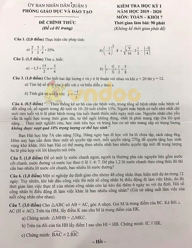 Đề kiểm tra học kì 1 môn Toán 7 năm 2019