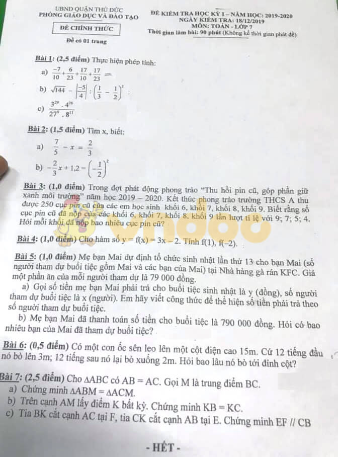 Đề kiểm tra học kì 1 môn Toán 7 năm 2019