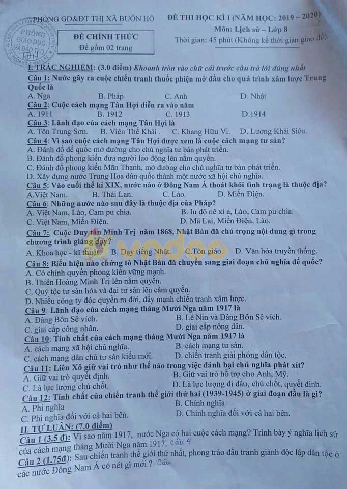 Đề thi học kì 1 lớp 8 môn Lịch sử Phòng GD&ĐT thị xã Buôn Hồ, Đắk Lắk năm học 2019 - 2020