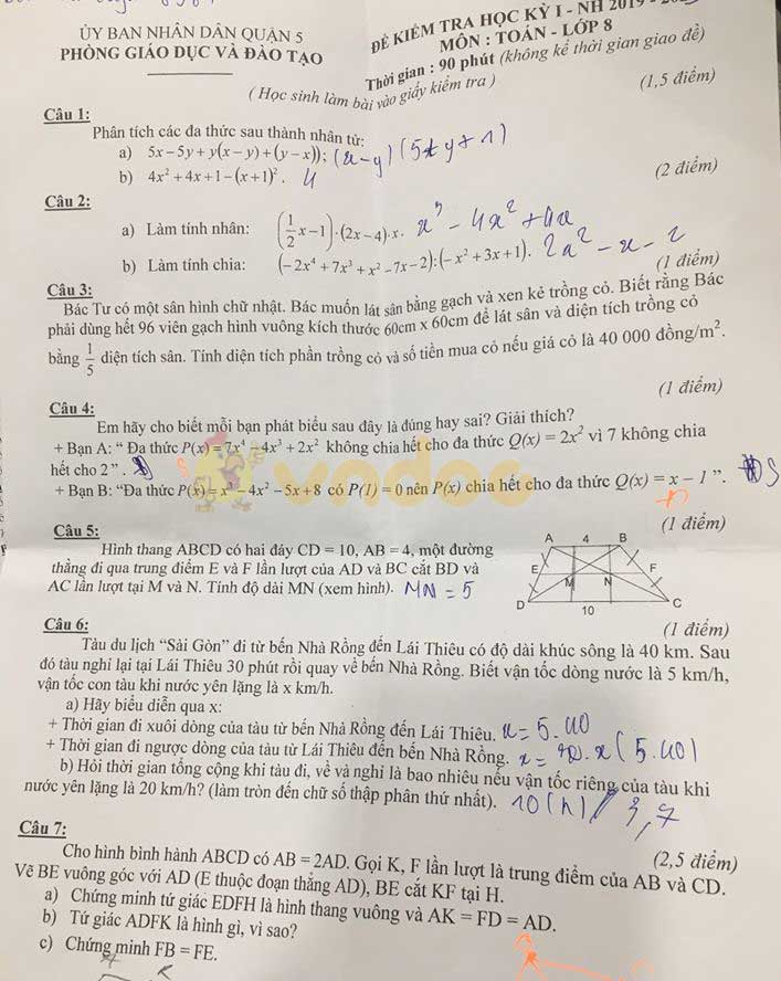 Đề thi học kì 1 lớp 8 môn Toán Phòng GD&ĐT Quận 5 năm học 2019 - 2020