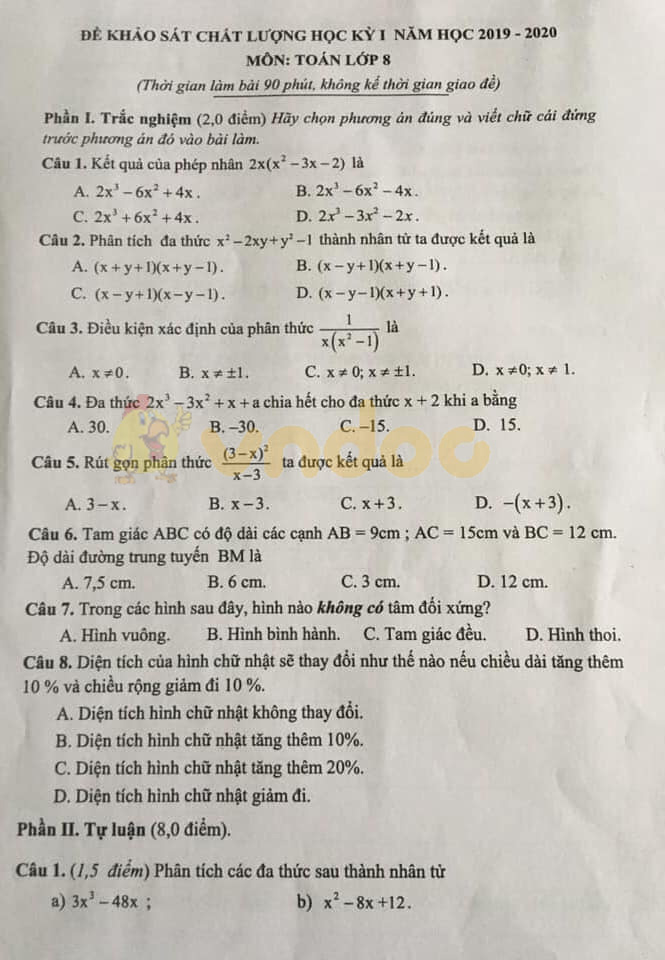 Đề thi học kì 1 lớp 8 môn Toán Sở GD&ĐT Nam Định năm học 2019 - 2020