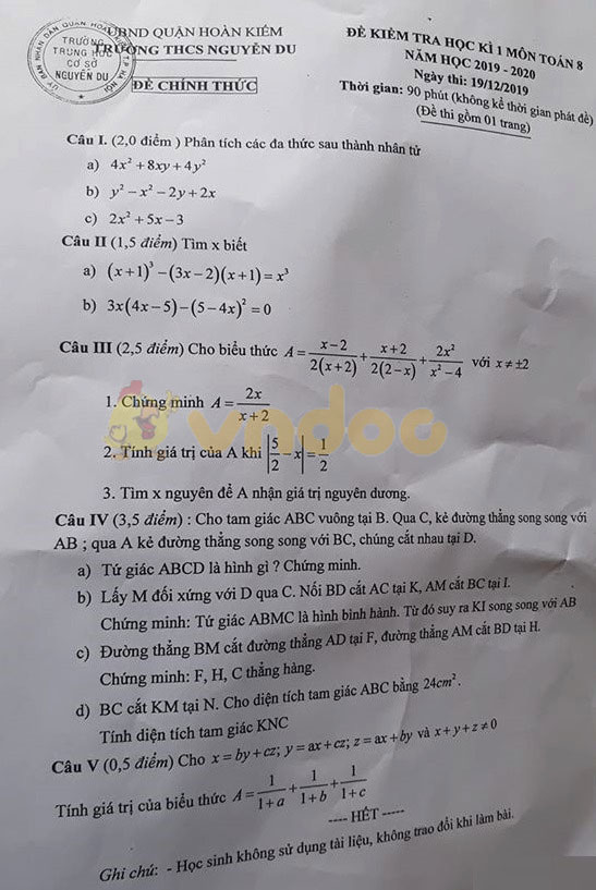 Đề thi học kì 1 lớp 8 môn Toán Trường THCS Nguyễn Du, Hoàn Kiếm năm học 2019 - 2020