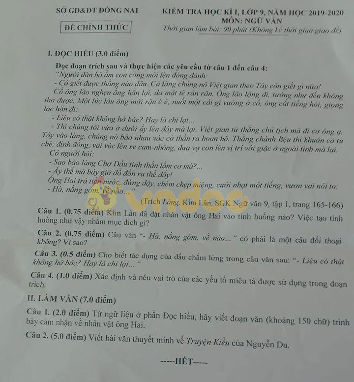 Đề thi học kì 1 lớp 9 môn Ngữ văn Sở GD&ĐT Đồng Nai năm học 2019 - 2020
