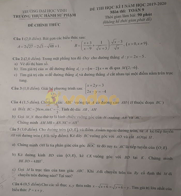 Đề thi học kì 1 lớp 9 môn Toán Trường Thực Hành Sư Phạm, Đại học Vinh năm học 2019 - 2020