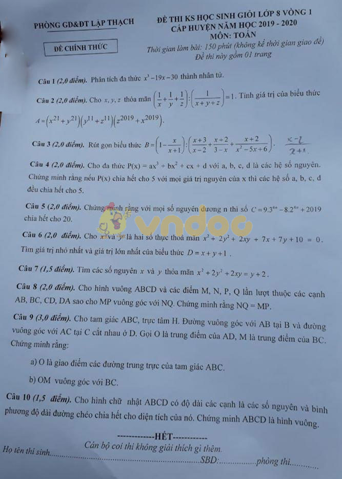 Đề thi học sinh giỏi lớp 8 môn Toán Phòng GD&ĐT Lập Thạch năm học 2019 - 2020 (vòng 1)