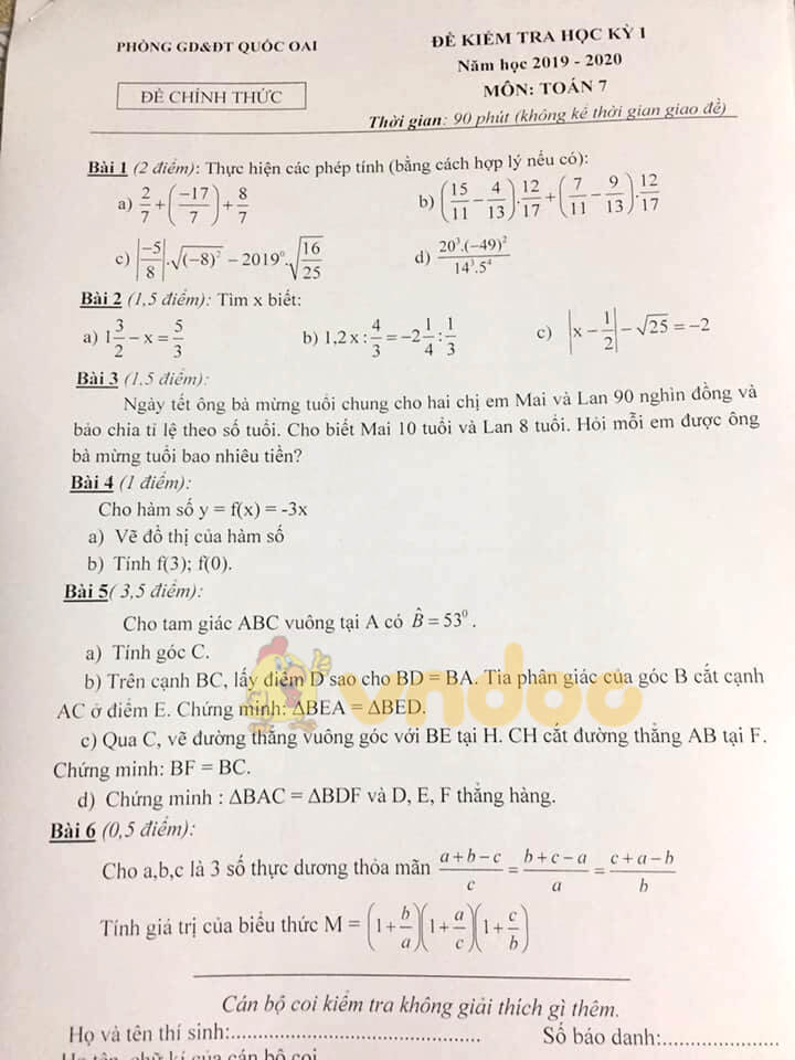 Đề kiểm tra học kì 1 môn Toán 7 năm 2019