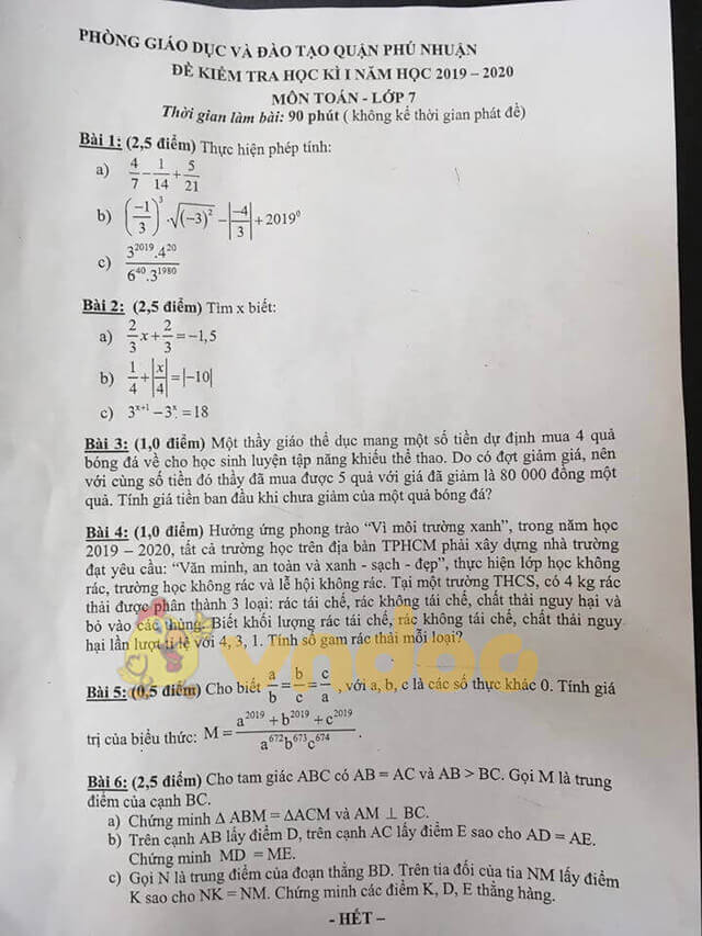 Đề kiểm tra học kì 1 môn Toán 7 năm 2019