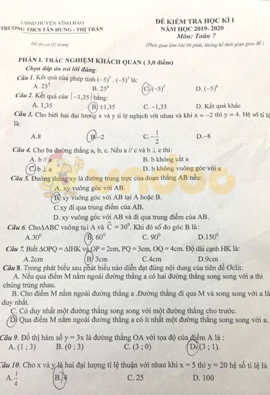 Đề kiểm tra học kì 1 môn Toán 7 năm 2019