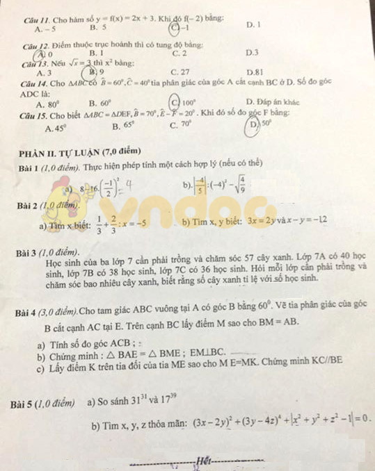 Đề kiểm tra học kì 1 môn Toán 7 năm 2019