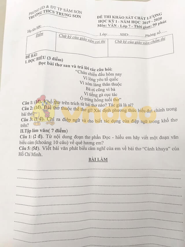 Đề thi học kì 1 môn Văn lớp 7