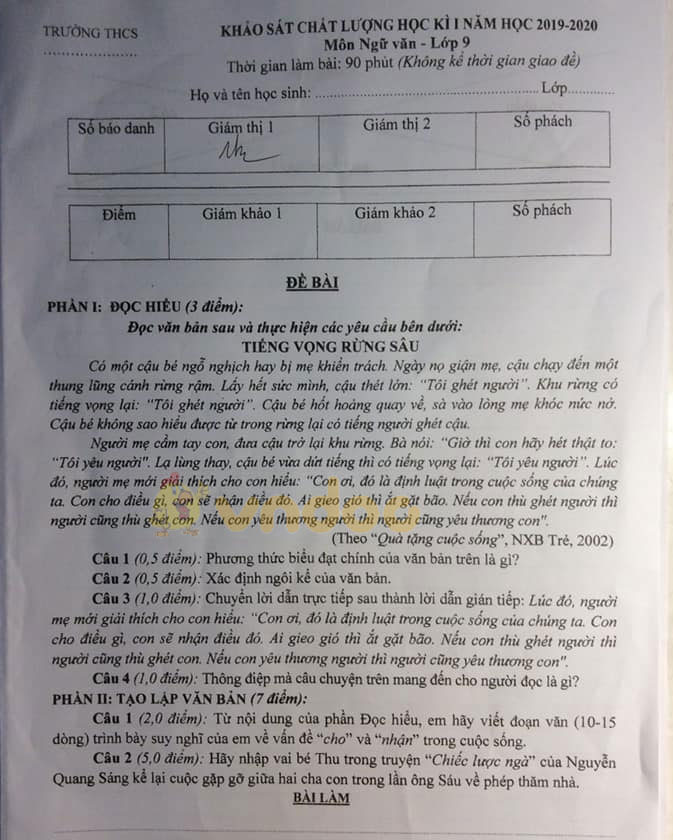 Đề thi học kì 1 lớp 9 môn Ngữ văn Trường THCS Thanh Hóa năm học 2019 - 2020