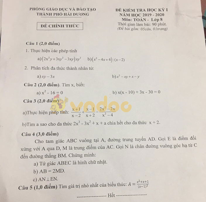 Đề thi học kì 1 lớp 8 môn Toán Phòng GD&ĐT TP. Hải Dương năm học 2019 - 2020