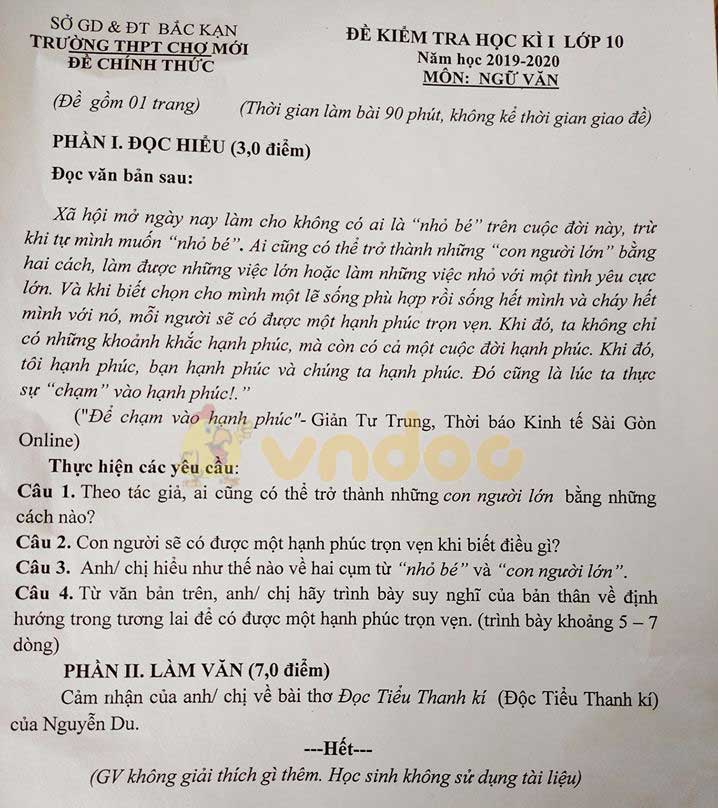 Đề thi học kì 1 lớp 10 môn Ngữ văn Trường THPT Chợ Mới, Bắc Kạn năm học 2019 - 2020