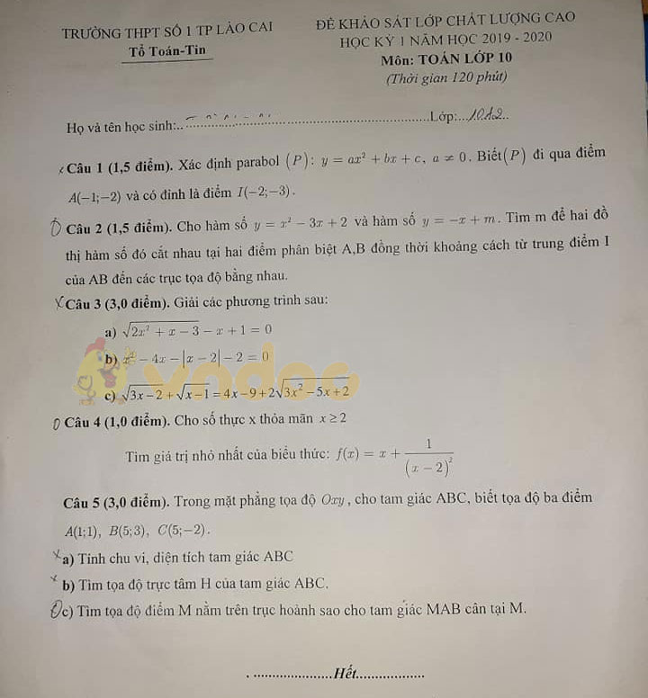 Đề thi học kì 1 lớp 10 môn Toán Trường THCS Số 1 TP Lào Cai năm học 2019 - 2020