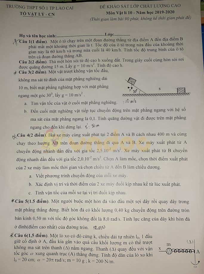 Đề thi học kì 1 lớp 10 môn Vật lý Trường THPT Số 1 TP Lào Cai năm học 2019 - 2020
