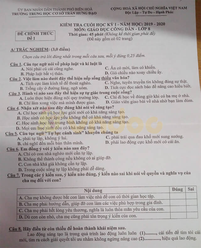 Đề thi học kì 1 lớp 8 môn GDCD trường THCS Trần Hưng Đạo, Biên Hòa năm 2019 - 2020