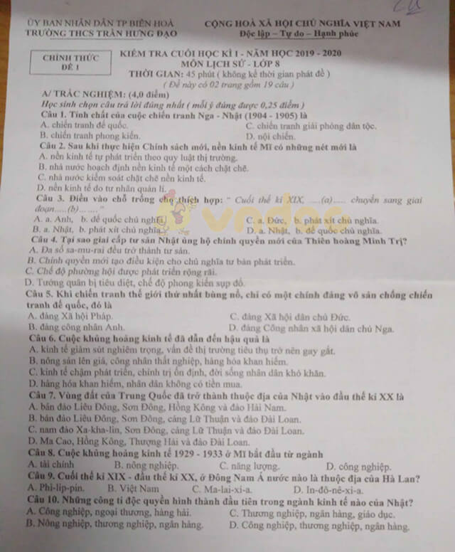Đề thi học kì 1 lớp 8 môn Lịch sử Trường THCS Trần Hưng Đạo, Biên Hòa năm học 2019 - 2020