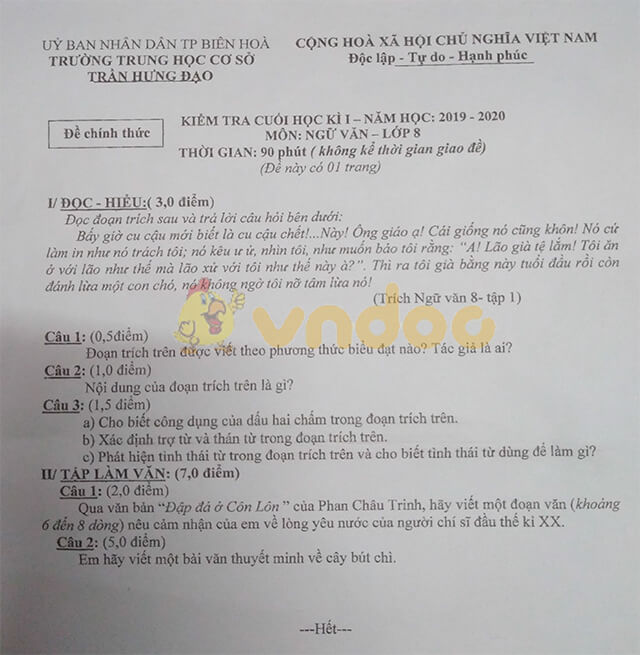 Đề thi học kì 1 lớp 8 môn Ngữ văn Trường THCS Trần Hưng Đạo, Biên Hòa năm học 2019 - 2020