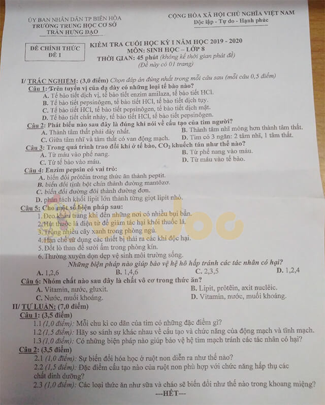 Đề thi học kì 1 lớp 8 môn Sinh trường THCS Trần Hưng Đạo, Biên Hòa năm 2019 - 2020