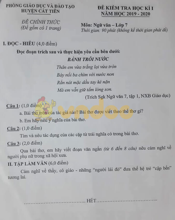 Đề kiểm tra học kì 1 môn Văn lớp 7 năm 2019