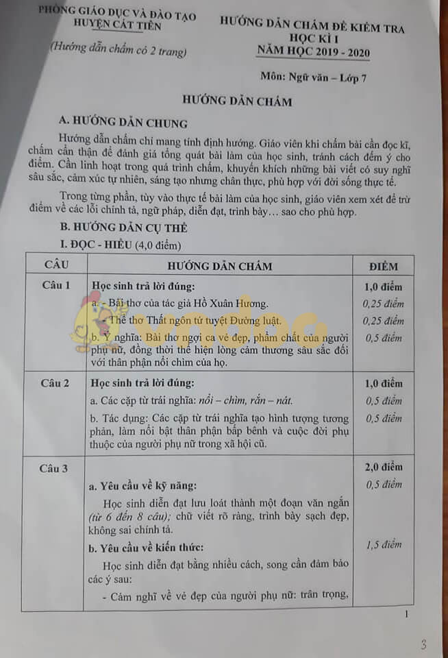 Đề kiểm tra học kì 1 môn Văn lớp 7 năm 2019
