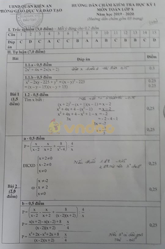 Đề thi học kì 1 lớp 8 môn Toán Phòng GD&ĐT Kiến An, Hải Phòng năm học 2019 - 2020