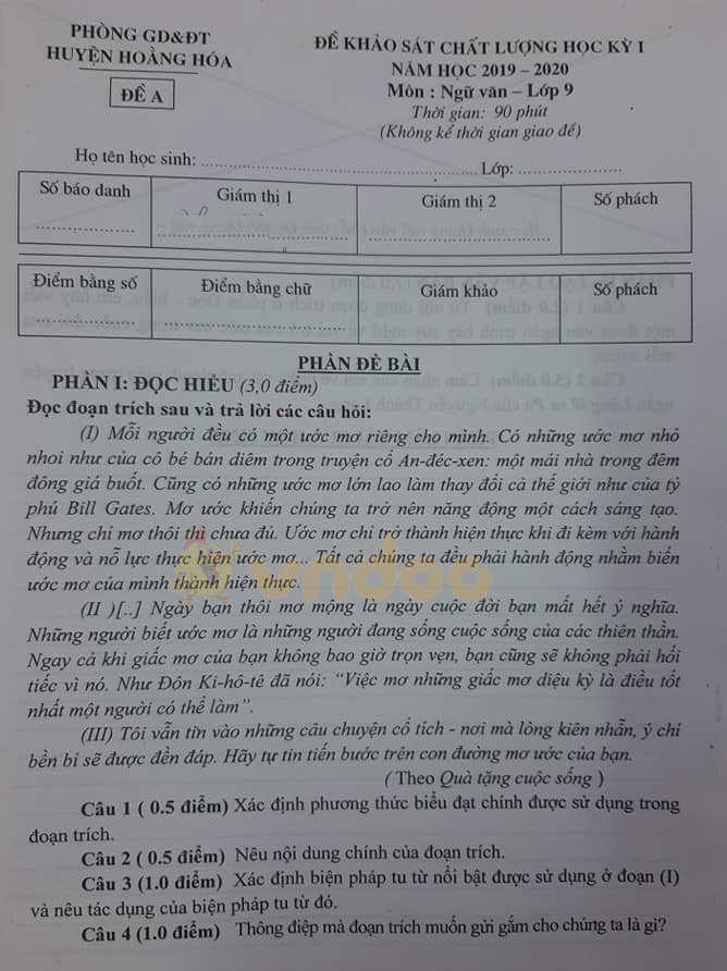 Đề thi học kì 1 lớp 9 môn Ngữ văn Phòng GD&ĐT huyện Hoằng Hóa năm học 2019 - 2020