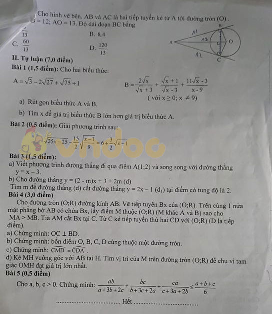 Đề thi học kì 1 lớp 9 môn Toán Phòng GD&ĐT Kiến Giang, Hải Phòng năm học 2019 - 2020