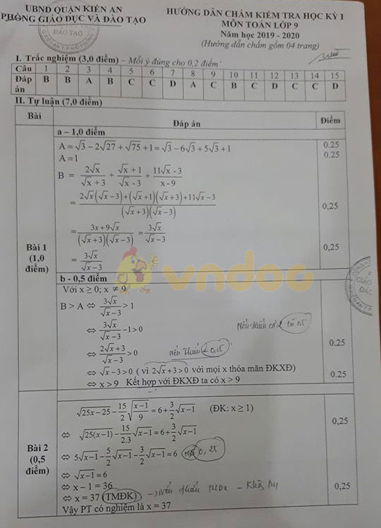 Đề thi học kì 1 lớp 9 môn Toán Phòng GD&ĐT Kiến Giang, Hải Phòng năm học 2019 - 2020
