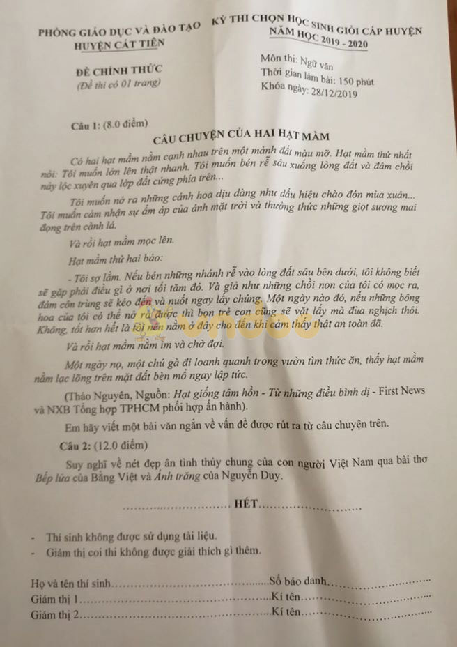 Đề thi học sinh giỏi lớp 9 môn Ngữ văn Phòng GD&ĐT huyện Cát Tiên năm học 2019 - 2020