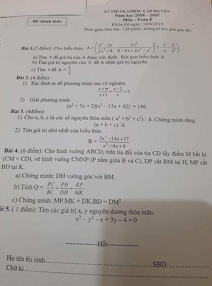 Đề thi Olympic lớp 8 môn Toán cấp huyện năm 2018 - 2019 (Đề sưu tầm)