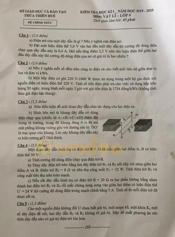 Đề thi học kì 1 lớp 9 môn Vật lý Sở GD&ĐT Thừa Thiên Huế năm học 2019 - 2020