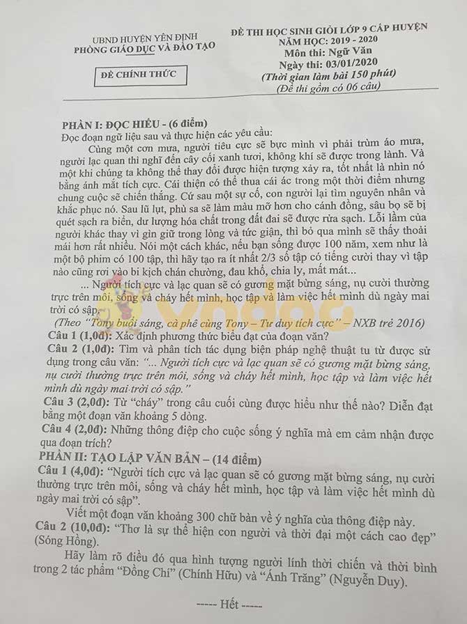 Đề thi học sinh giỏi cấp huyện lớp 9 môn Ngữ văn Phòng GD&ĐT Yên Định năm học 2019 - 2020