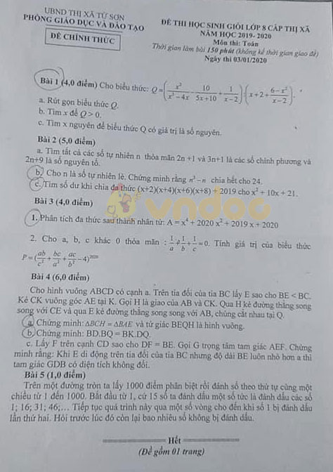 Đề thi học sinh giỏi lớp 8 môn Toán Phòng GD&ĐT thị xã Từ Sơn năm học 2019 - 2020