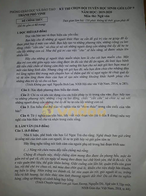 Đề thi học sinh giỏi lớp 9 môn Ngữ văn Phòng GD&ĐT thành phố Vinh năm học 2019 - 2020