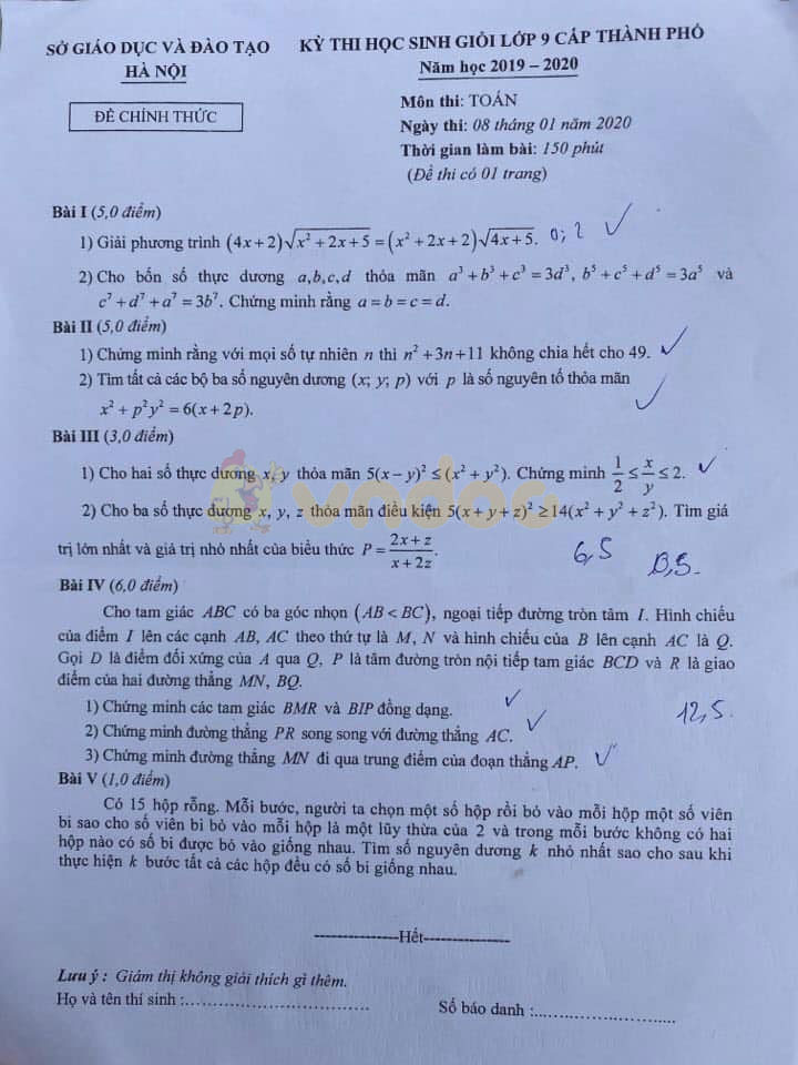 Đề thi học sinh giỏi lớp 9 môn Toán Sở GD&ĐT Hà Nội năm học 2019 - 2020