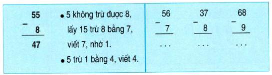 Lý thuyết Toán lớp 2: 55 - 8; 56 - 7; 37 - 8; 68 - 19