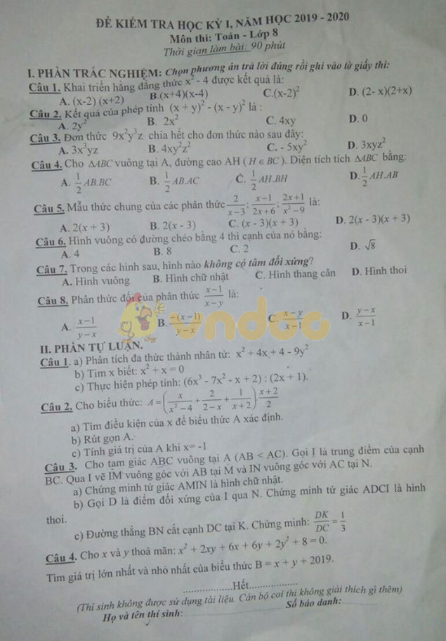 Đề thi học kì 1 lớp 8 môn Toán Phòng GD&ĐT Hương Sơn năm học 2019 - 2020