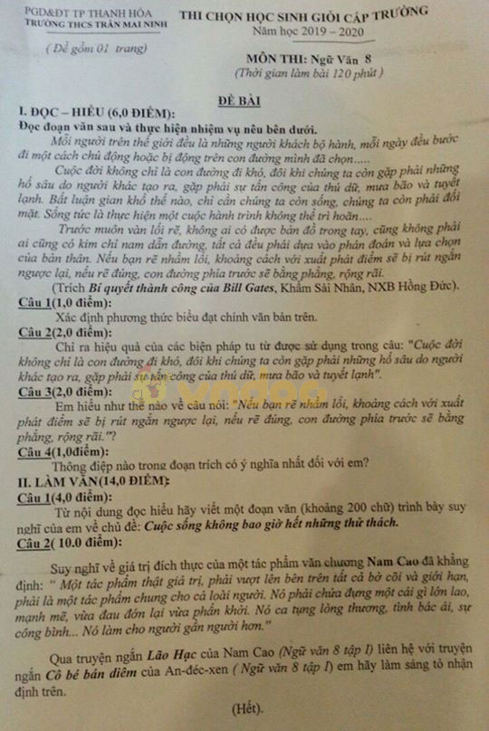 Đề thi học sinh giỏi cấp trường lớp 8 môn Ngữ văn trường THCS Trần Mai Ninh, Thanh Hóa năm học 2019 - 2020