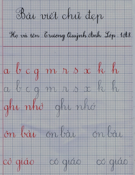 Bài thi viết chữ đẹp của học sinh lớp 1