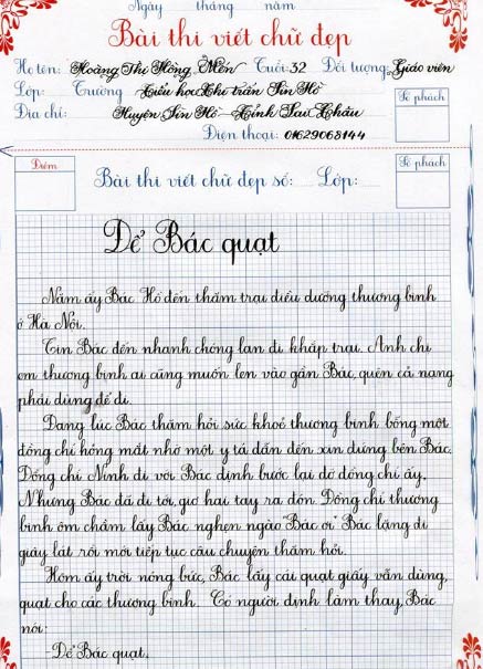 Bài thi viết chữ đẹp của học sinh lớp 3