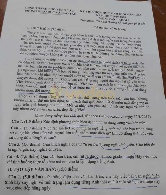 Đề thi học sinh giỏi lớp 9 môn Ngữ văn Phòng GD&ĐT TP Vũng Tàu năm học 2019 - 2020