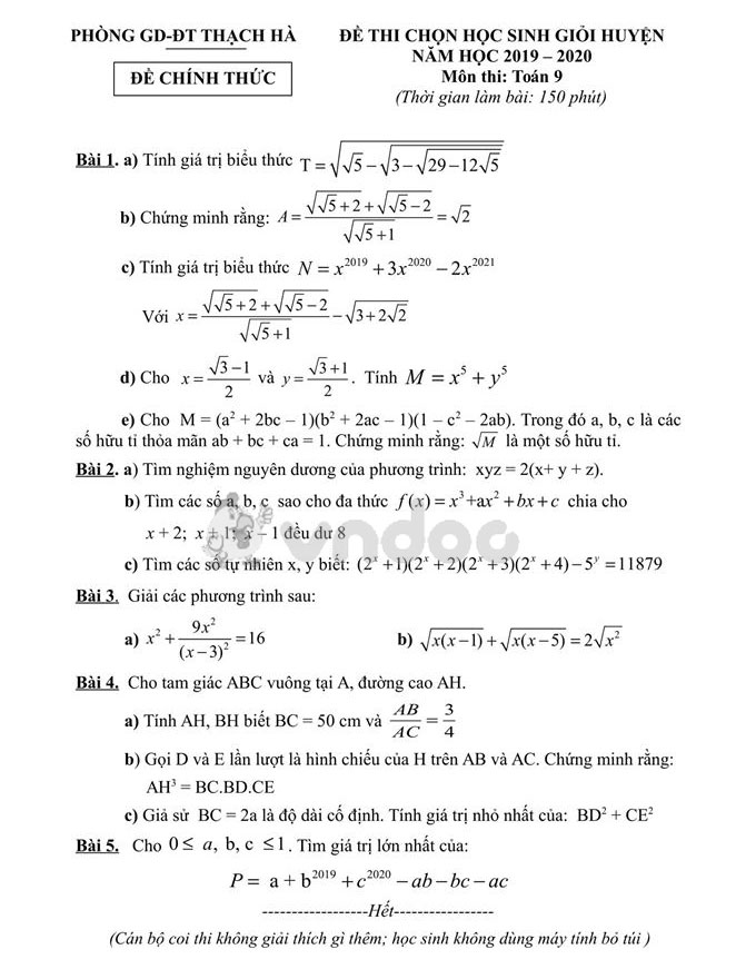Đề thi học sinh giỏi lớp 9 môn Toán Phòng GD&ĐT Thạch Hà năm học 2019 - 2020
